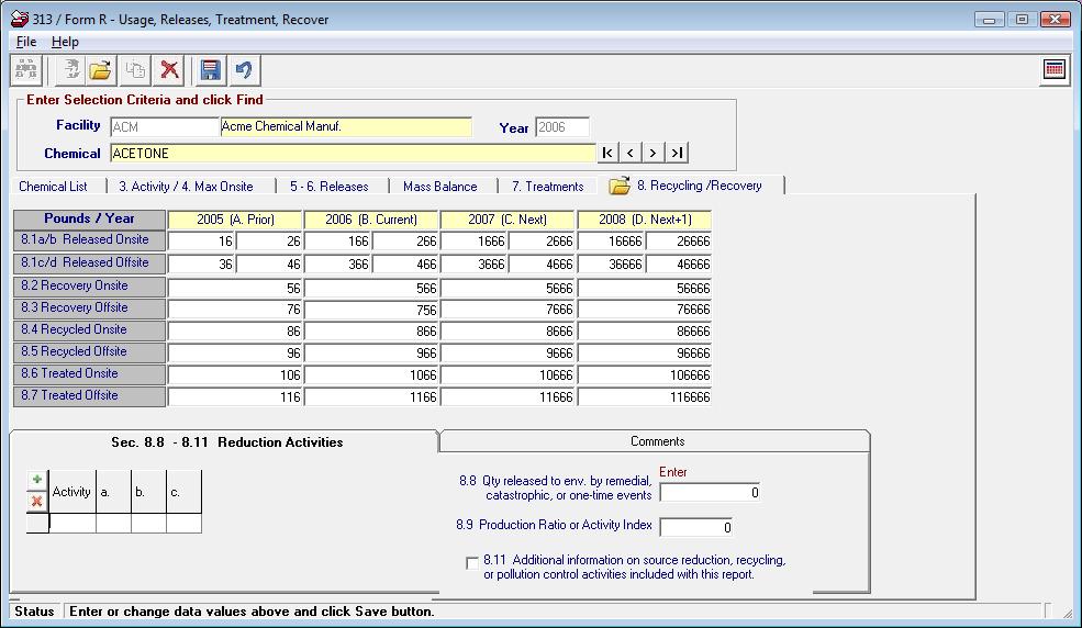 Edit Recycling and Recovery Data (Section 8)