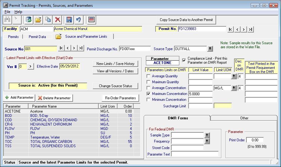 Edit Permit Parameter Limits and Samplling Details from a Permit