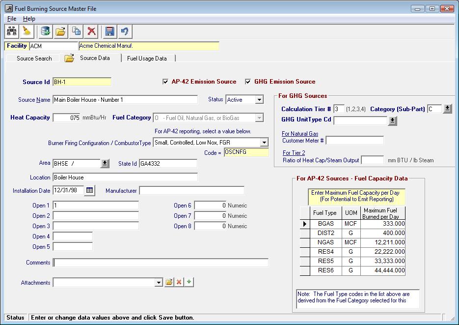 Edit Fuel Burning Source Master