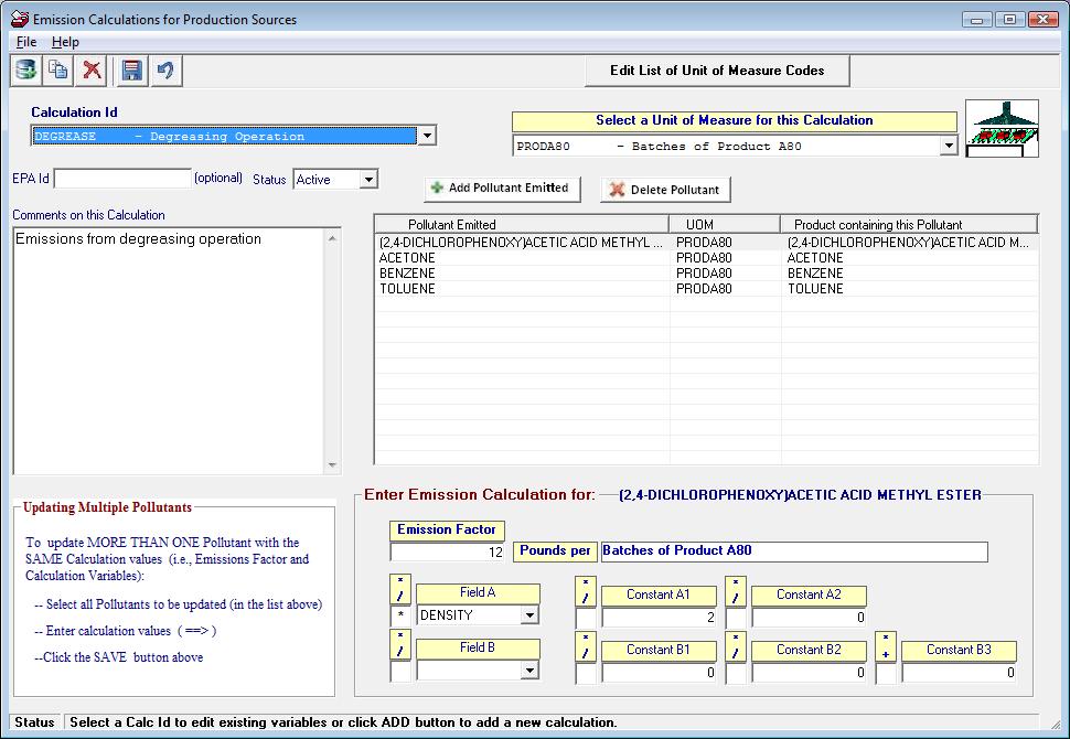 Edit Emission Calculation Data (Production or Custom Calculations)