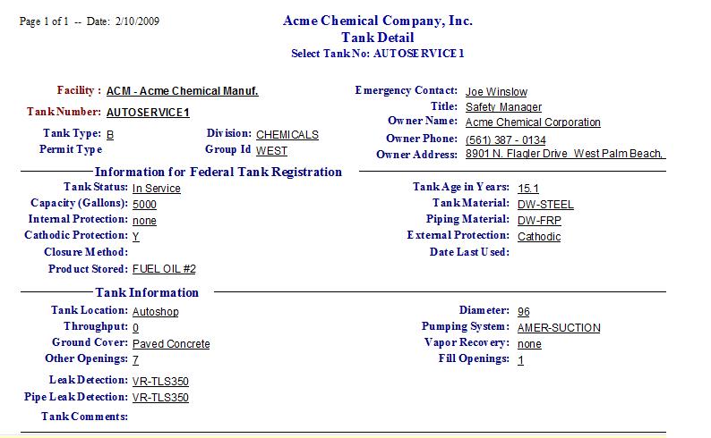 Tank Detail Report