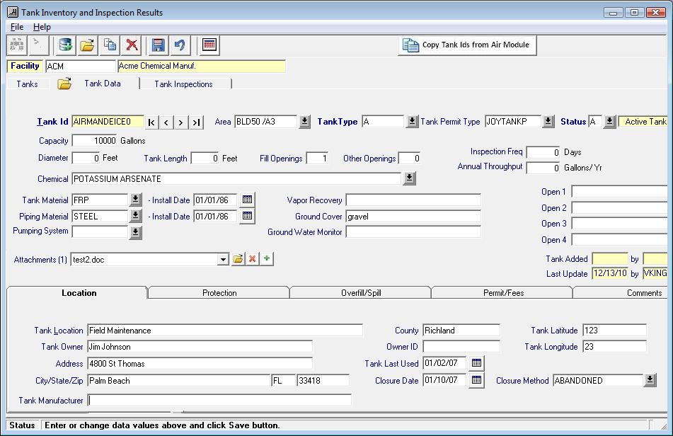 Edit Tank Details and Location, Protection Devices, Permits, and Fees