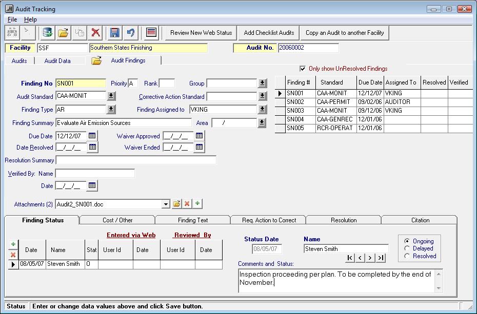 Edit Findings and Status