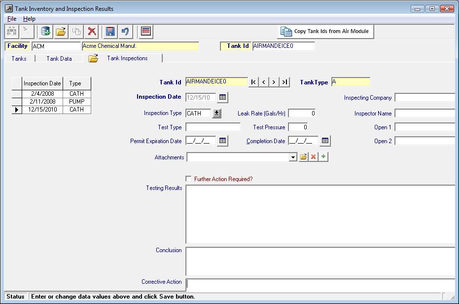 Edit Tank inspection Data with Results and Corrective Actions