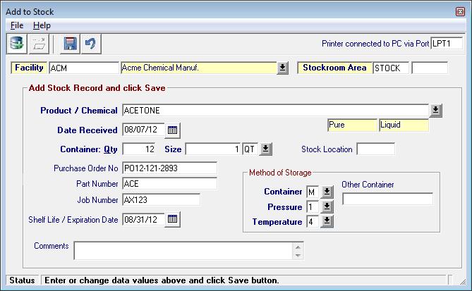 Add Chemicals from Receiving Dock and Print Labels